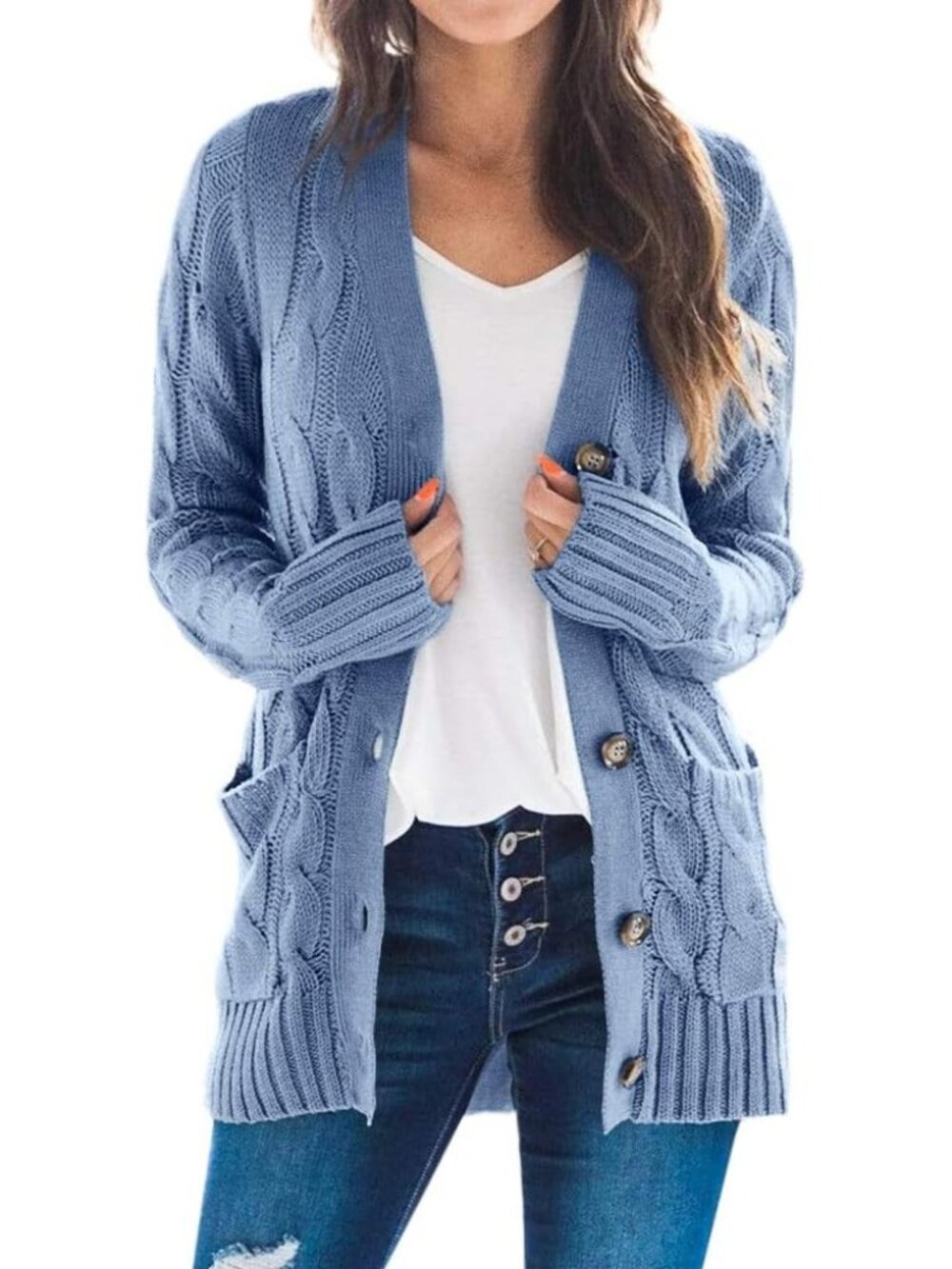 Women's Blue Cable Knit Long Sleeve Open Front Button Down Cardigan Sweaters